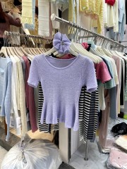 Soft mist purple sweater for women 2025 gentle white and lift temperament waist-hugging lotus leaf sway short-sleeved T-shirt top