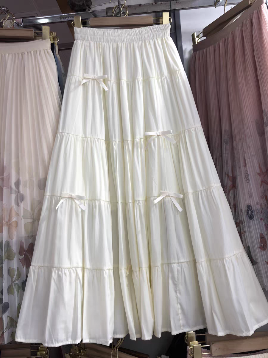 Japanese and Korean style spliced ​​bow white pleated cake skirt for women in spring and summer sweet and gentle style puffy skirt