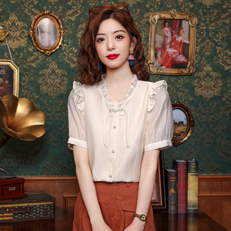 Real shot of 2025 summer new Chinese chiffon shirt women's retro Chinese style shirt buttoned top short sleeves