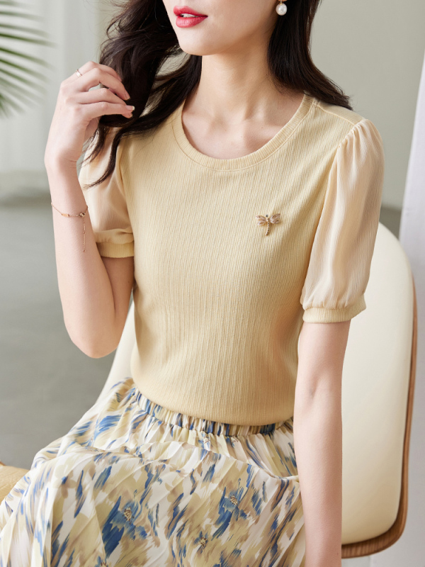 Textured puff short-sleeved chiffon shirt for women 2025 summer new high-end and chic beautiful shirt top