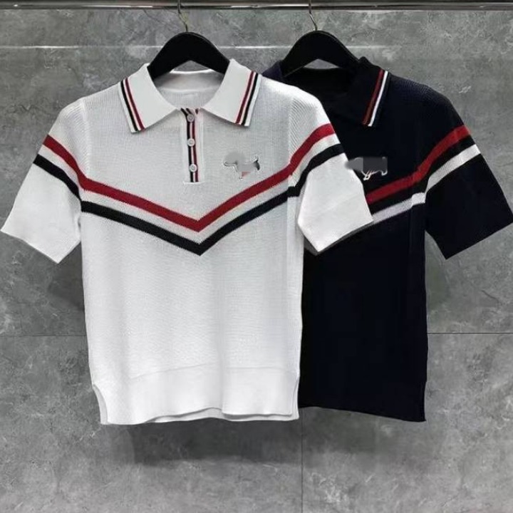 Short-sleeved T-shirt for women in summer new Polo collar red, white and blue sweater loose and slim short temperament top trendy