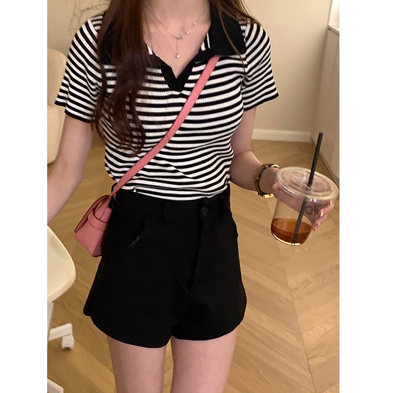 Ancient striped polo neck contrasting color short sleeve sweater for women Korean slim fit commuting short top summer new