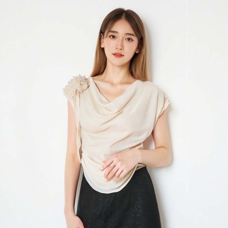Ruffle-edged flower streamer design with a sway neck short-sleeved shirt Korean off-shoulder top