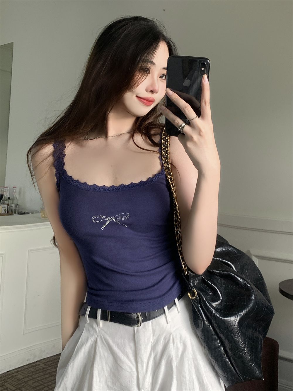 Real shot 40 pure cotton 210g 92 cotton/8 spandex suspender vest for women lace ironing diamonds