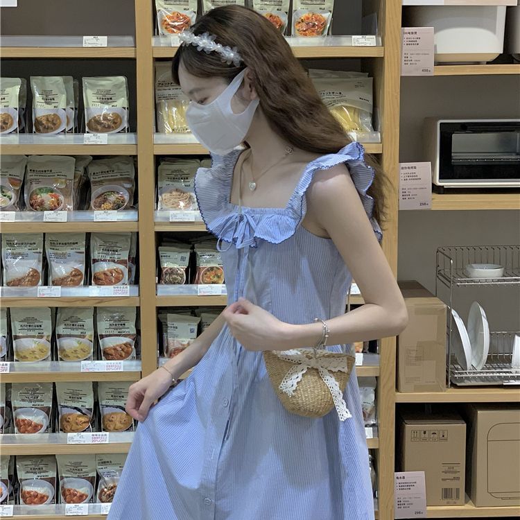 Blue striped flying sleeve dress for women in summer 2025 new lace-up square collar waist-length mid-length A-line skirt trendy
