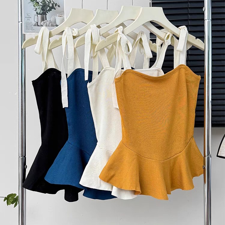 Dopamine solid color ruffled knitted suspender vest for women in summer bow tie waistband slimming and backless top