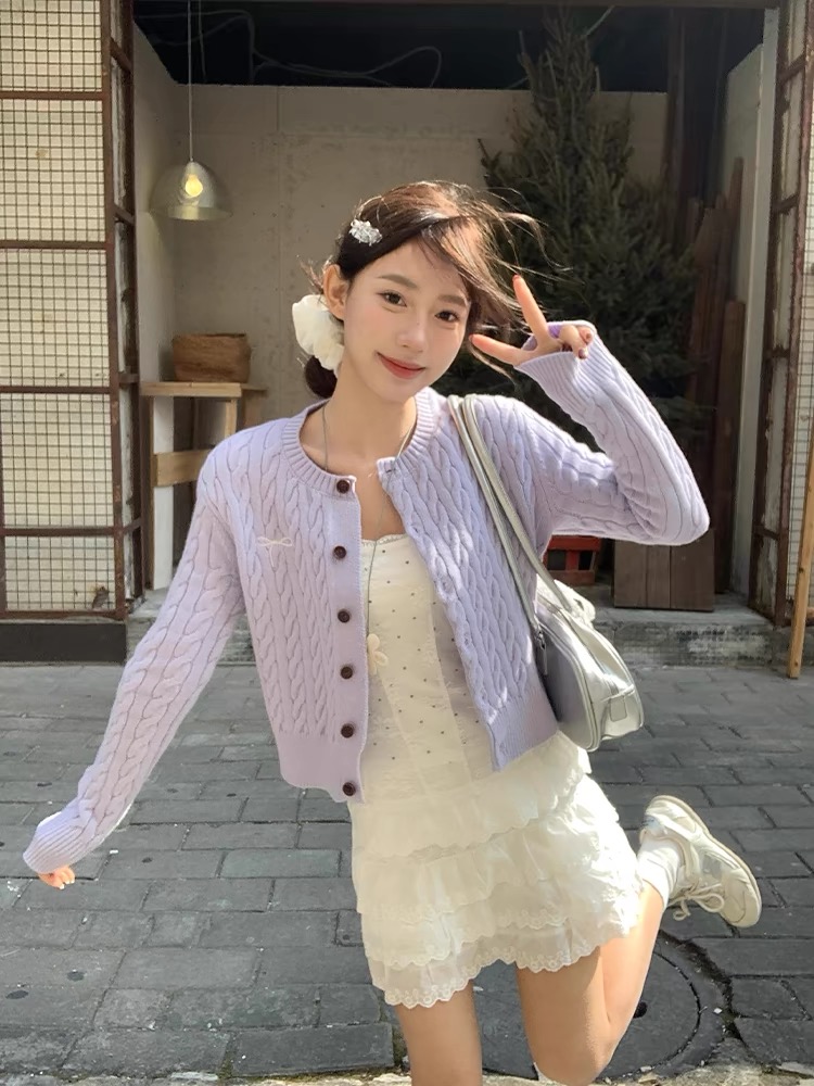 Round neck college style cardigan cork fashionable knit sweater 2025 spring Korean style age-reducing trend women's purple top
