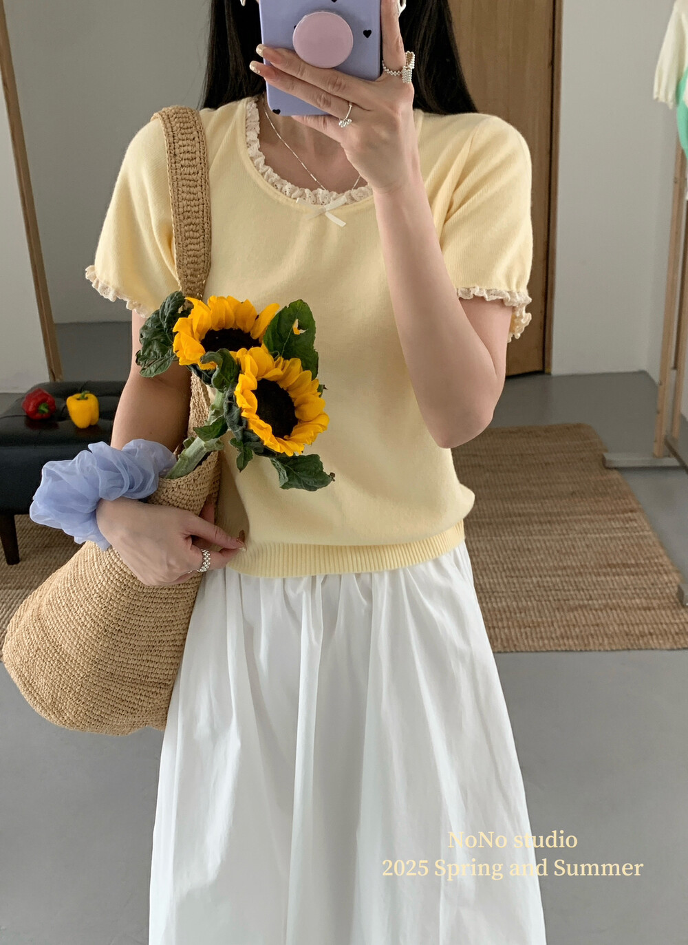 French lace round neck yellow knitted short-sleeved T-shirt for women in summer new design slim fit short top