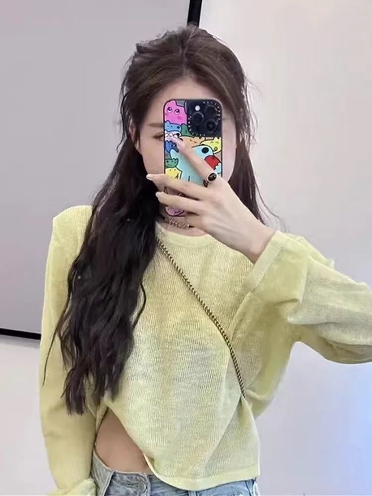 Sunscreen Clothes Milky Yellow Ice Silk Thin Sunscreen T-shirt Women's Summer Long Sleeve Short Top