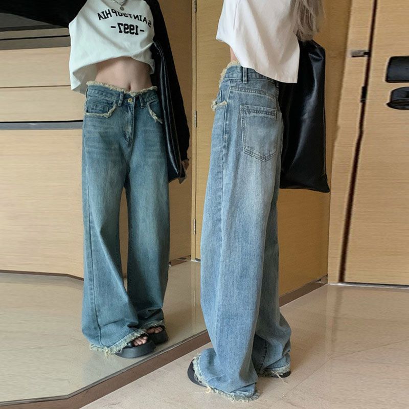 women's spring and summer high waist loose high street small retro tassel fur wide-leg trousers