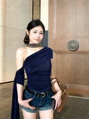 Real photo of 2025 new sleeveless waist-hugging top design makes you look slim and slim and off-shoulder T-shirt