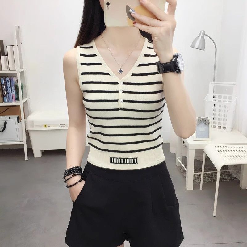 Women's ice silk suspender striped vest for women's summer short small style stylish knitted sleeveless vest top thin