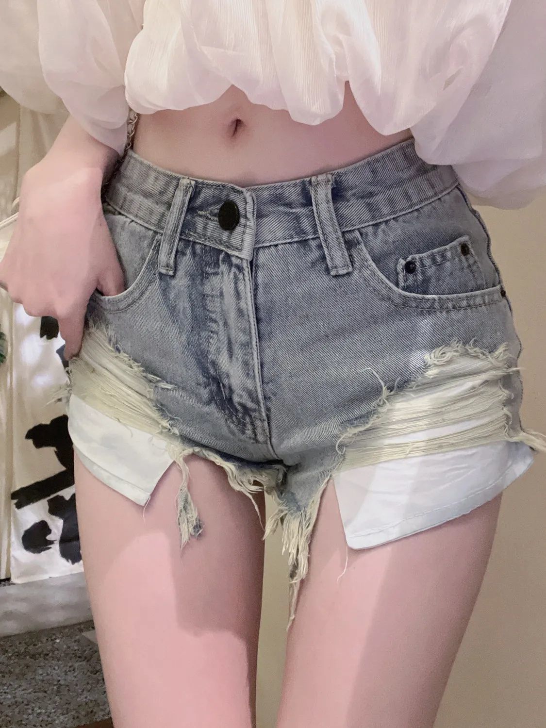 辣妹設計感復古夏季小眾低腰毛邊破洞牛仔短褲女包臀顯瘦超短熱褲