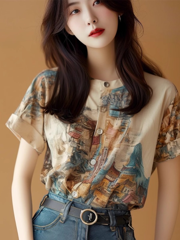 Retro town printed short-sleeved shirt for women 2025 summer new style literary society top unique shirt