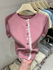 Sweet and elegant lace-edged round neck short-sleeved T-shirt for women in summer casual and versatile slim knitted top