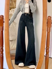 Retro straight jeans for women in spring and autumn new Korean style versatile loose high waist slimming wide-leg floor-slimming pants