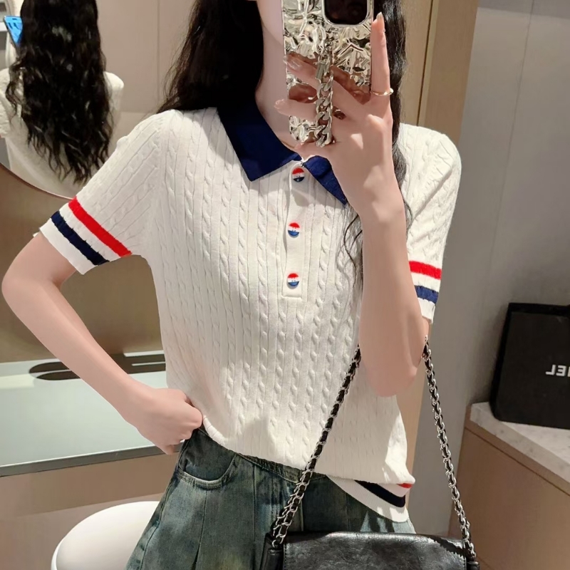 2025 summer new slim and fashionable POLO knitted short-sleeved T-shirt for women slim T-shirt tops trendy