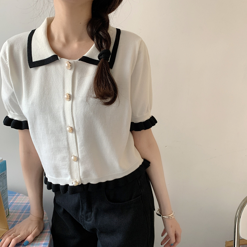 Design-sensual niche short-sleeved T-shirt for women's new summer clothes knitted doll collar short top