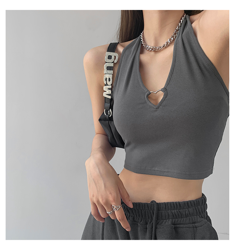 Cool and hot girl metal love hollow neck halter design sense outside sleeveless top navel short vest
