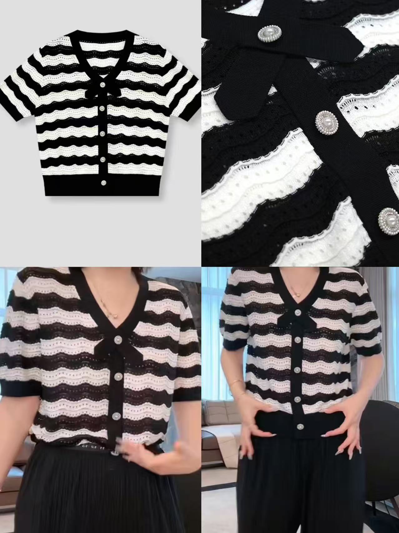 CHUNXIEP2199+!  French elegant hollow striped V-neck short-sleeved silk wool sweater top for women