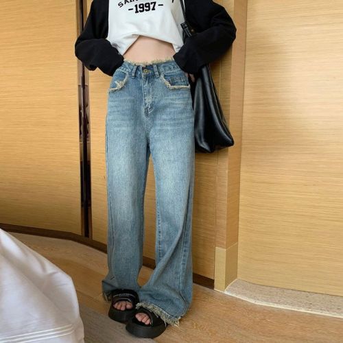 women's spring and summer high waist loose high street small retro tassel fur wide-leg trousers