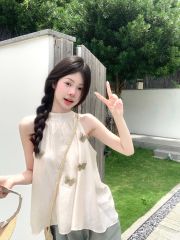 Three-dimensional butterfly halter neck vest shirt for women in summer French sleeveless belly covering chiffon top
