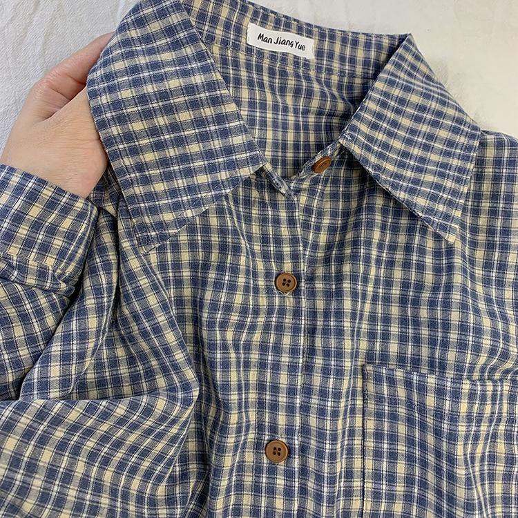 Retro niche blue plaid shirt top women's autumn new design feel loose casual long-sleeved shirt