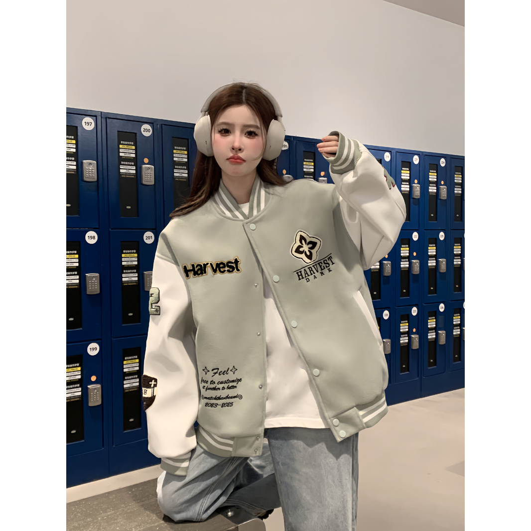 American street college style mint green baseball uniform for women 2025 trendy versatile loose couple jacket top coat
