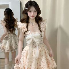 Small flying sleeve floral dress 2025 summer internet celebrity jacquard bow sweet girl skirt waist-hugging short skirt