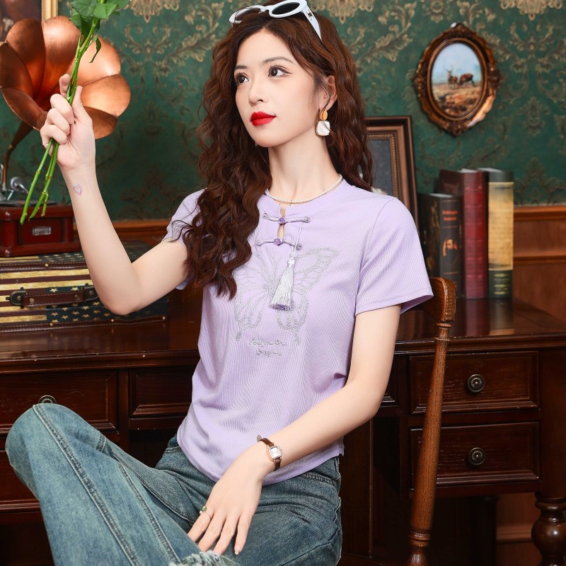 Real photo of Chinese style Chinese style folding butterfly embroidered short-sleeved T-shirt for women 2025 summer new casual commuter top