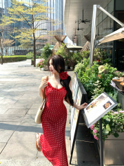 Real photos of South France holiday polka dot suspender dress for women early spring lace design slim holiday long skirt