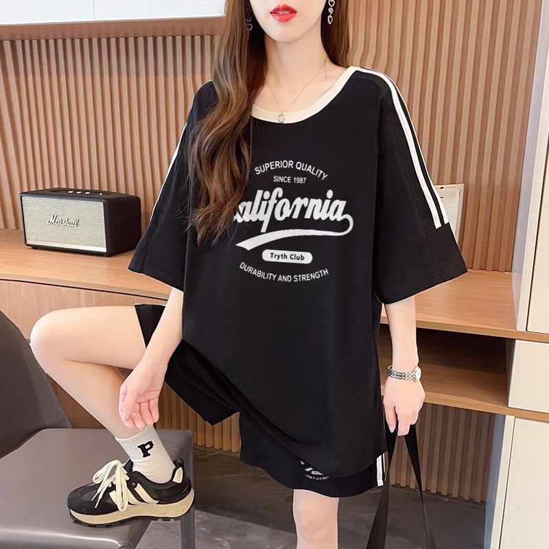 Real photo of pure cotton 2025 summer casual sports short-sleeved T-shirt shorts suit women's two-piece set