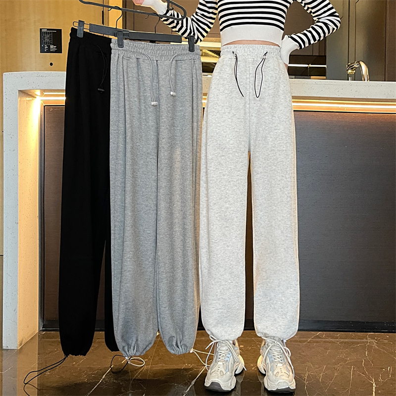 -Real shot of new spring loose drawstring tie feet casual wide-leg pants for women
