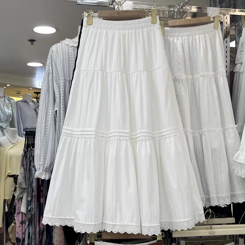 White skirt for women summer 2025 new mid-length high-waisted A-line long skirt for slimming versatile fluffy cake skirt for women