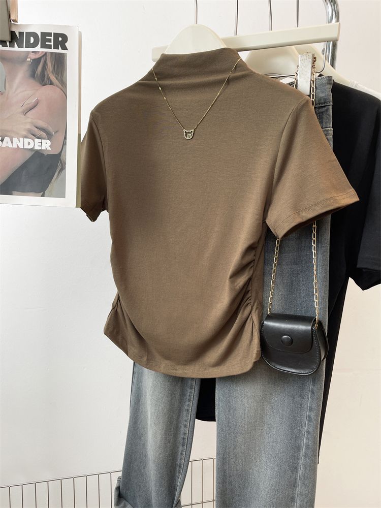 Real-life photos of new summer half-high neck waist short-sleeved T-shirt for women with pleated design slim and short style