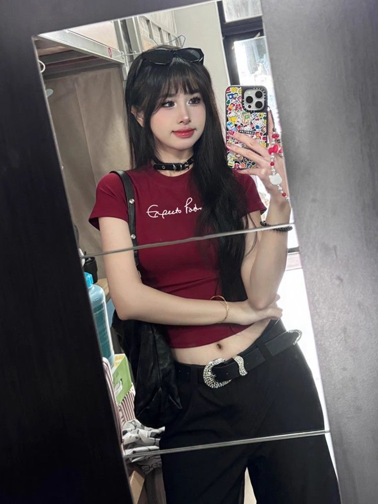 1*1 pure cotton, high elastic new summer short-sleeved short style with high-waisted pants, slim and fashionable top
