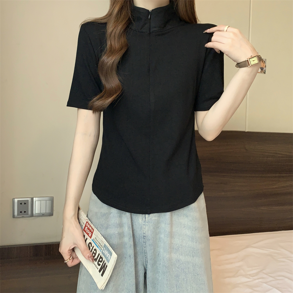 Real photo 40 pure cotton 210g 92 cotton/8 spandex short-sleeved T-shirt women's half zipper