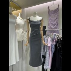 名媛灰色富家千金風絕美吊帶連衣裙蕾絲拼接褶皺包臀裙長裙女夏