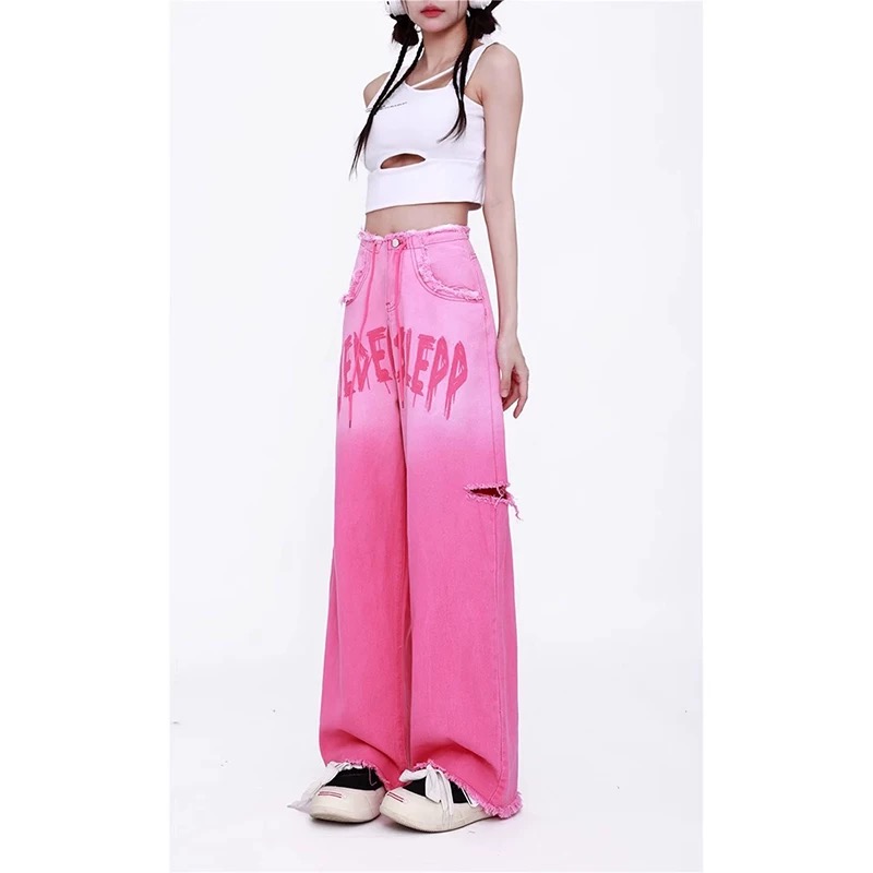 Sweet hot girl retro pink letter printing ripped jeans for women 2025 spring and autumn new loose straight pants