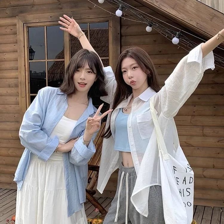 Korean style Korean loose casual blue thin long-sleeved shirt sun protection lazy shirt jacket for women
