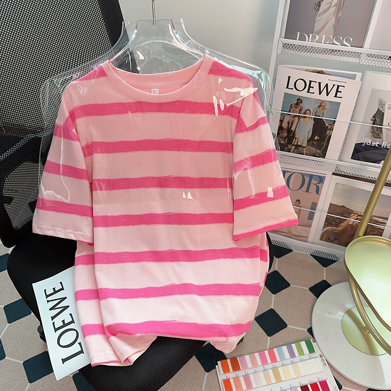 Real shot of pure cotton quality short-sleeved T-shirt for women's summer 2025 striped round neck top large size women's clothing 200 catties