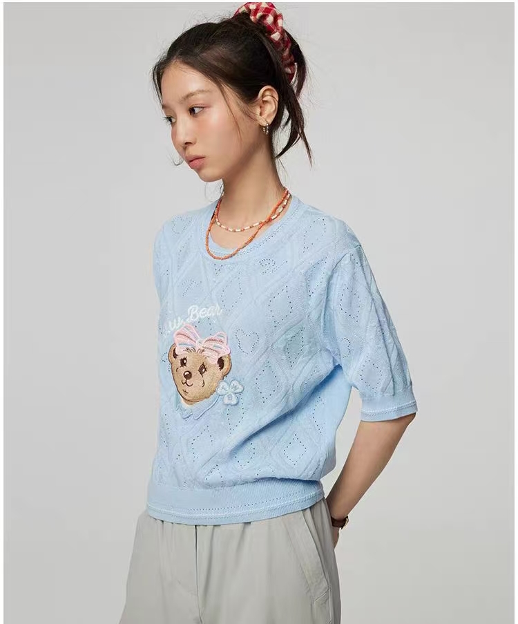 Bear Women's Sweater 2025 Summer New Fashion Casual Vitality Big Bear Round Neck Short Sleeve