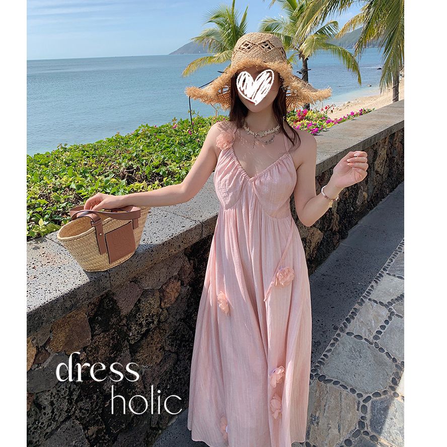Super fairy seaside vacation style internet celebrity dress 2025 new three-dimensional flower suspender skirt pink beach skirt