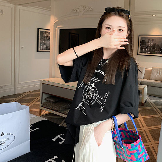 T-shirt women's short-sleeved summer black slim loose round neck half-sleeved top in