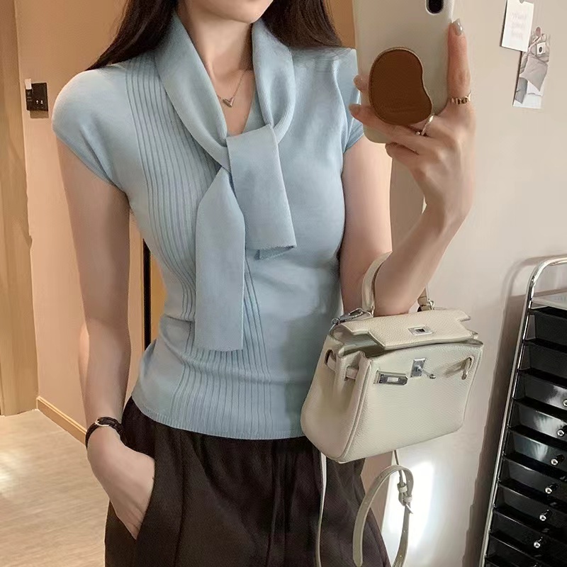 Korean chic French lace-up sleeveless sweater for women in summer new style V-neck inner bottom vest top
