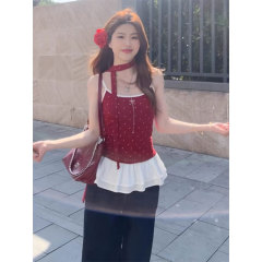 Red polka dot suspender vest for women in summer, new style, slim and pure hot girl wearing a bow top inside and outside