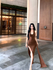 Real shot of temperament, high-end knitted neck halter dress for women, white and slim long skirt dress