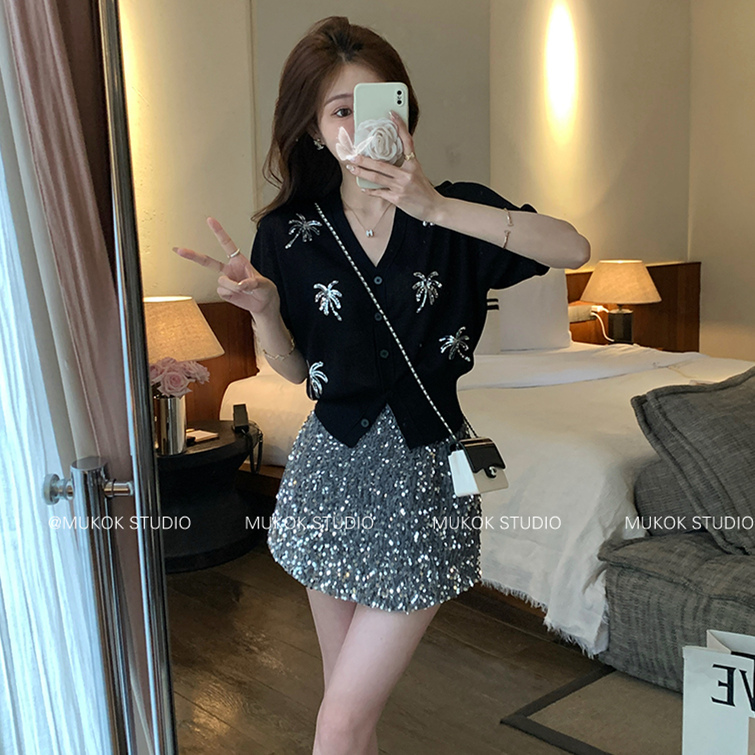 MUKOK Glittering ~ High-end embroidered sequin short-sleeved sweater V-neck versatile cardigan top