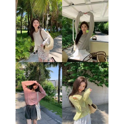 Zhang Beibei Tennis linen round neck sunscreen sweater for women in summer new loose slim solid color long-sleeved top