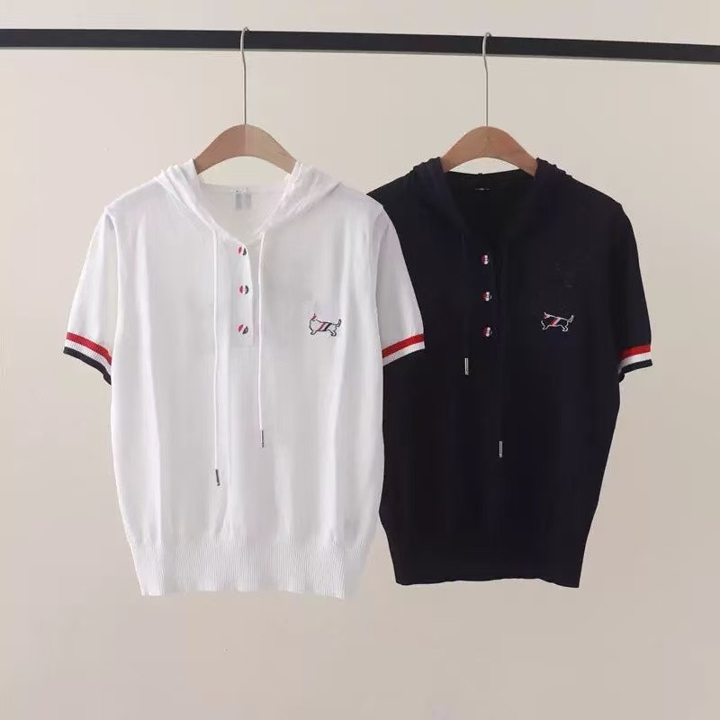 2025 new style college style hooded drawstring puppy embroidered short-sleeved knitted sweater sweater for women